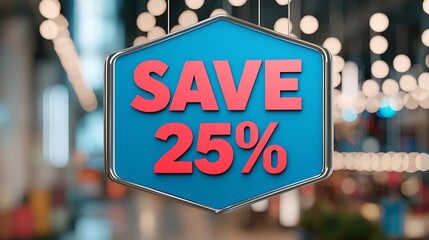 Blue sign with bold red text "SAVE 25%" hangs in a brightly lit indoor setting, promoting a discount or special offer.