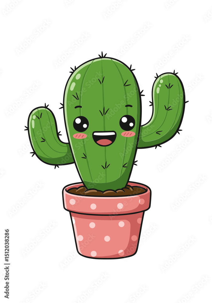 Poster vector illustration of a happy cactus with a smiling face in a pot decorated with polka dots