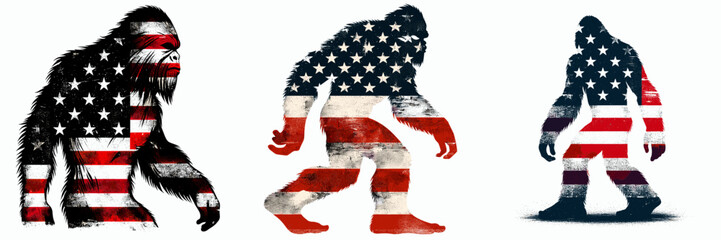 Bigfoot. 4th of July Independence Day American Flag Patriotism Usa America Clipart Vector Illustration. Sasquatch investigate the mystery legend folklore and cryptic ape-man phenomenon.