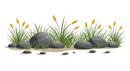 Vector illustration of rocks and grass with yellow flowers on sandy background and copy space