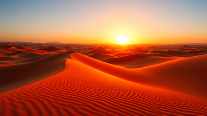 Endless golden-red sand dunes glowing under a breathtaking desert sunset