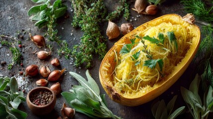 Spaghetti Squash with Herbs and Garlic on Dark Background