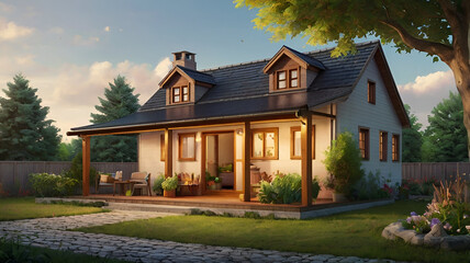 Naklejka premium inviting family home concept illustration Modern suburban house with garage and illuminated windows at dusk blue sky background Generate AI,
