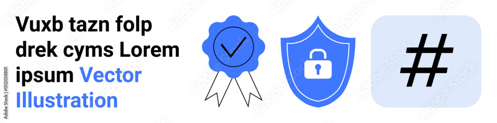 Poster badge with checkmark, secure shield with lock, metadata tag icon beside text. ideal for security, ve