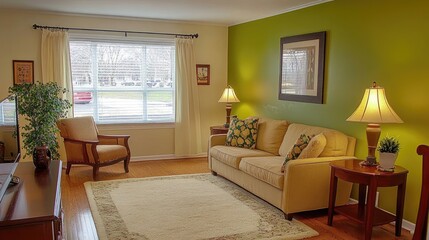 Fototapeta premium Inviting living area with moss green accent wall, tan furniture, and a cream rug