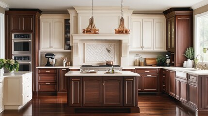 Fototapeta premium Kitchen design with walnut-toned wood, creamy upper cabinets, and sleek oven finish