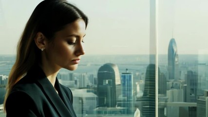 Elegant businesswoman in dark blazer stands thoughtfully at office window overlooking sprawling urban cityscape with skyscrapers during daytime creating professional corporate atmosphere - Powered by Adobe