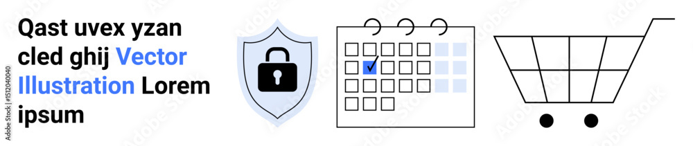Aufkleber shield with a lock for security, calendar with marked date for scheduling, and a shopping cart symbo