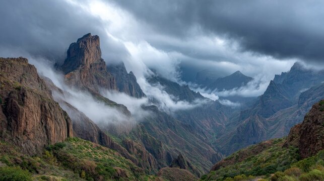 Dramatic Mountain Landscape with Fog and Clouds - Powered by Adobe