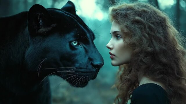 A woman with curly hair stands face to face with a black panther in a twilight forest, capturing an intense moment of connection between them