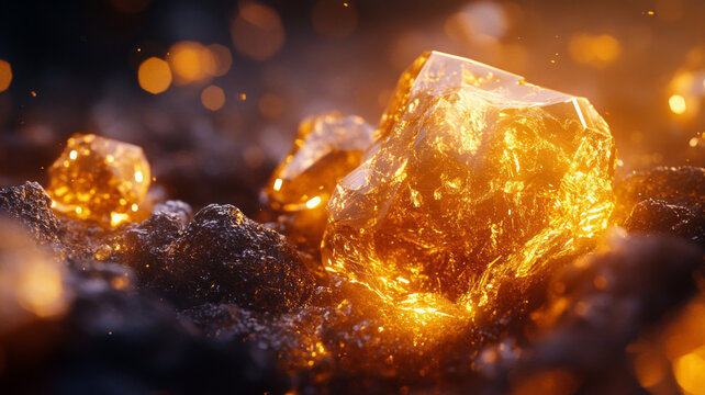 Sparkling crystals on a dark background with a glowing effect. Useful for creating an atmosphere of luxury and mystery in design.