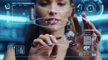 Young businesswoman interacting with a virtual screen displaying a digital network concept - Powered by Adobe