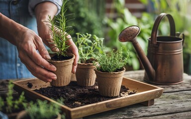 Hands carefully transplanting herbs into small pots on a wooden tray ready for gardening