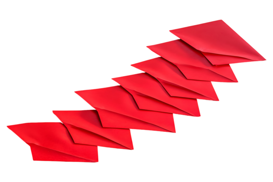 A series of five red envelopes arranged in a diagonal line  white background in PNG format.