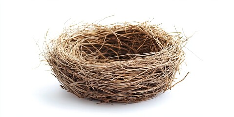 Empty Bird Nest Made of Twigs Isolated on White Background, Natural Rustic Close-Up Still Life