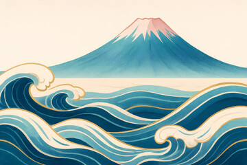 Modern Japanese-Inspired Landscape Illustration – Stylized Mount Fuji, Sunrise Waves, and Elegant Minimalist Design