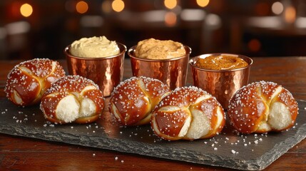 Soft pretzel bites with fluffy interior displayed on dark slate platter with copper cups of dips