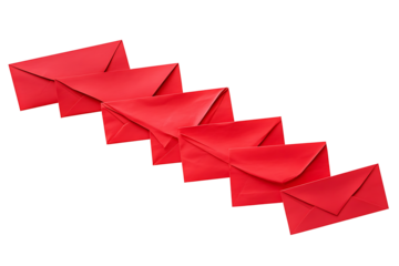 A series of five red envelopes arranged in a diagonal line  white background in PNG format.