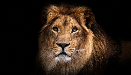 Fototapeta premium portrait of a beautiful lion lion in the dark