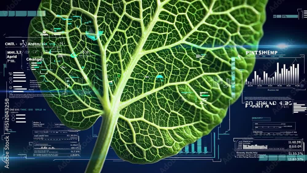 Poster innovative technologies are scanning leaf structure, collecting data and displaying results on futur
