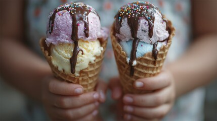 Child Holding Two Ice Cream Cones with Chocolate and Sprinkles