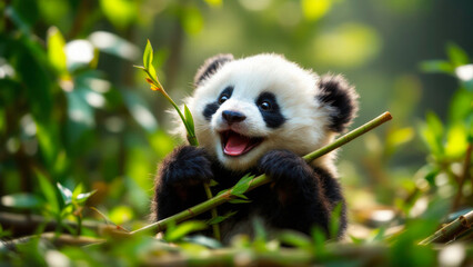Obraz premium Cute panda cub enjoying bamboo forest in heartwarming natural moment