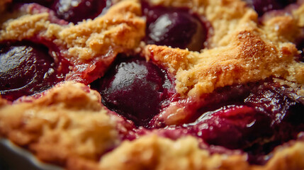 A delicious homemade cherry pie with a golden pastry crust, a warm and sweet summer comfort food dessert, a closeup view