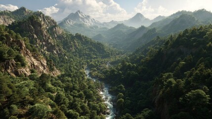 Naklejka premium Lush Green Mountain Valley with River