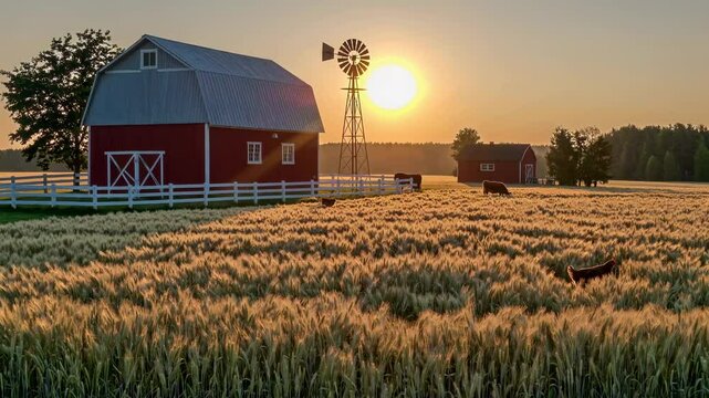 Cows grazing peacefully in a golden wheat field at sunrise, framed by a charming red barn, a classic windmill, a white fence, and lush trees in the background