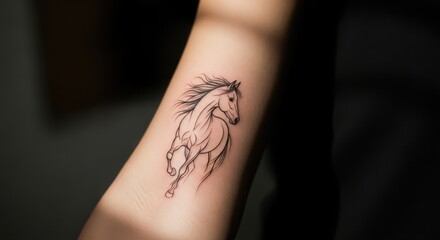 Intricate black line tattoo of a galloping horse on a person's forearm, showcasing artistry and skill in body art, emphasizing movement and elegance in design
