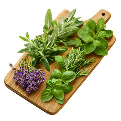 A top-view flat-lay of fresh herbs like rosemary, basil, and mint, a collection of aromatic ingredients for healthy cooking