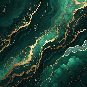 Fototapeta Emerald Green and Gold Marble Texture, Abstract Art, Fluid Art