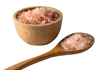 Wooden Bowl Filled with Coarse Pink Himalayan Salt Isolated on Transparent Background