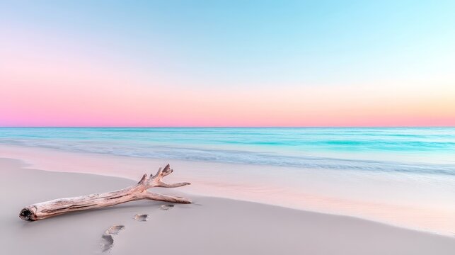 Atmospheric Sunrise Beach Scene with Driftwood Log and Footprints on Smooth Sand for Coastal Storytelling Photography