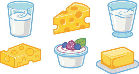 Nutritious Dairy Essentials: Milk, Cheese, Yogurt, Butter - Fresh Healthy Ingredients for Cooking, Baking, and Balanced Diet | Adobe Stock flat vector illustration
