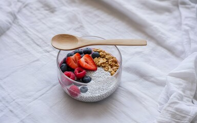 Fototapeta premium Healthy chia seed pudding breakfast bowl with fresh berries and granola on white linen