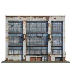 The isolated facade of an old abandoned industrial building, a derelict factory showing urban decay and a rustic grunge texture