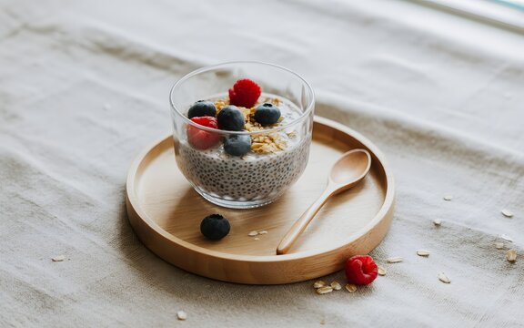 A delicious breakfast chia seed pudding garnished with berries on a wooden tray - Powered by Adobe
