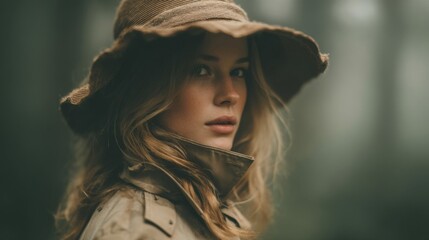 Portrait of a Woman in a Brown Hat and Coat in a Forest
