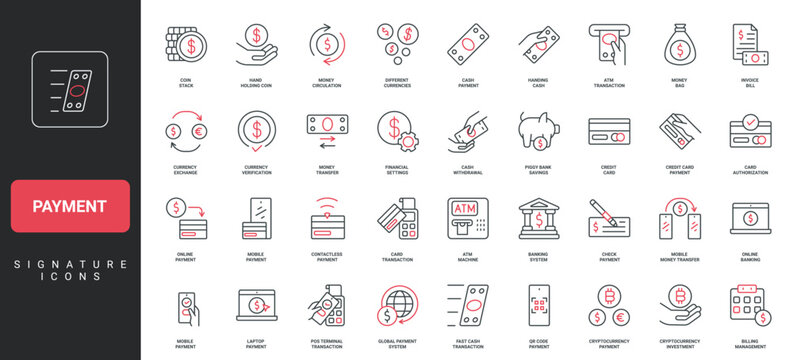 Payment method, online money transfer with phone and laptop, bills line icon set. Credit card and dollar cash, cryptocurrency coins, POS terminal thin black and red outline symbols vector illustration
