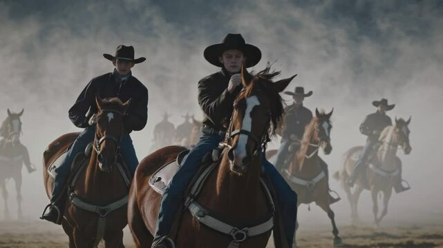 Group of cowboys riding horses in a dusty and smoky rodeo arena, creating a dramatic and atmospheric scene of western lifestyle and equestrian skill