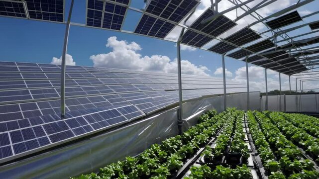 Seedlings growing in modern greenhouse using solar panels installed on roof to generate electricity, promoting sustainable and eco-friendly agriculture under a cloudy sky
