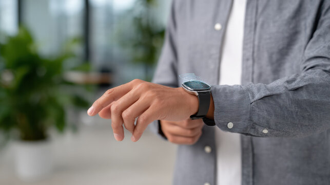 Personalized medical technology smartwatch on wrist with touchless interface in modern office environment