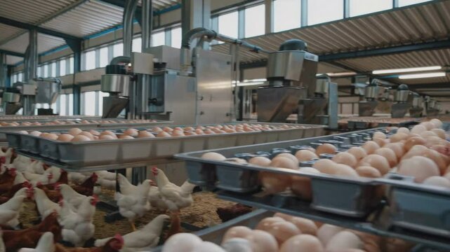 White and brown chickens laying eggs in a modern poultry farm, eggs being sorted and packaged by an automated machine, industrial agriculture and egg production concept