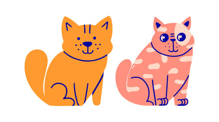 Cartoon cute kittens on white isolated background. Funny cats sitting.