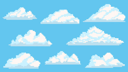 Set of pixel 8-bit different shapes clouds in retro gaming style. Fluffy cloud illustration