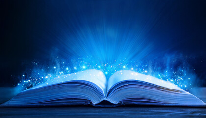 magical open book with glowing blue mist and sparkling lights emanating from the pages at night
