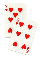 A pair of playing cards of the same suit isolated on a white background.