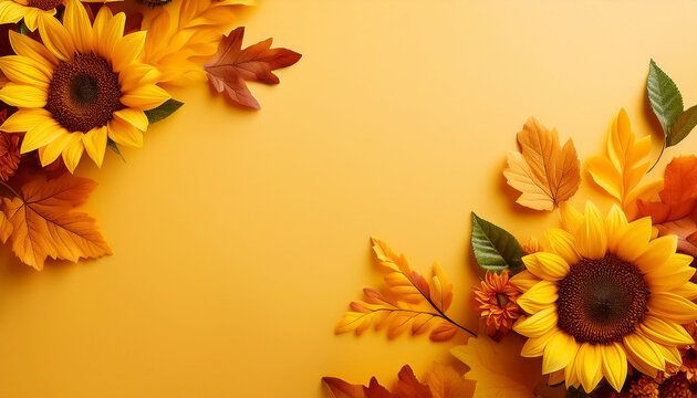 sunflowers and autumn leaves on yellow background bright floral arrangement for fall themes