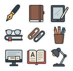 Author Tools Icons. Flat icon set of author tools and accessories: fountain pen, writing journal, tablet with